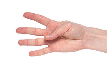 Man hand show four fingers on white background