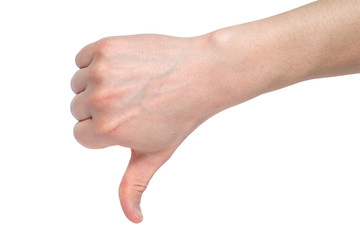 Male hand show thumb down isolated on white background, negative concept. Close up