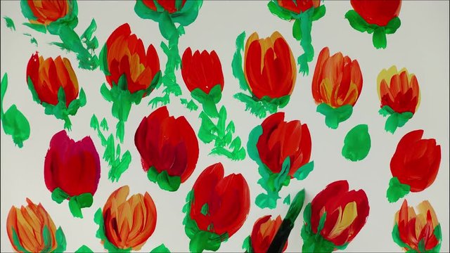 Draw flowers on a meadow. Time lapse.