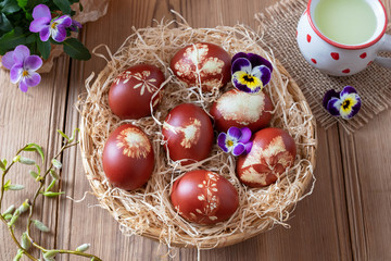 Easter eggs dyed with onion peels and a cup of whey