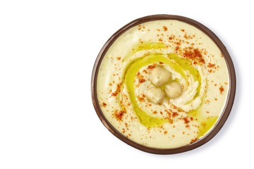 Chickpea hummus plate isolated on white background. Top view. - obrazy, fototapety, plakaty