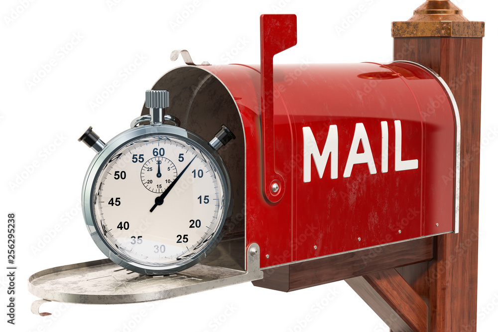 Poster mailbox with stopwatch. fast delivery concept, 3d rendering