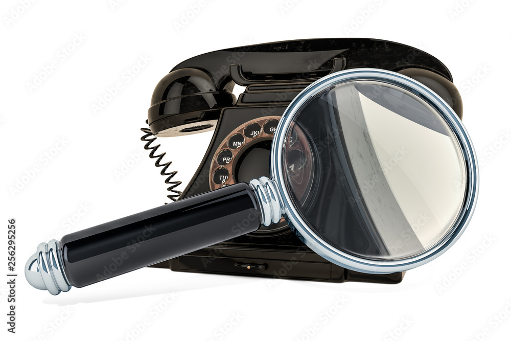 Poster phone with magnifying glass. 3d rendering