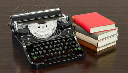 Typewriter with books on the wooden table, 3D rendering
