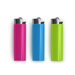 Set of realistic and colorful lighters on white background, vector illustration