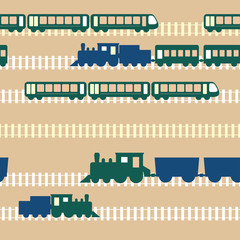 Seamless flat colorful cartoon vector pattern with train road