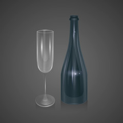 Champagne bottle and champagne glass on dark background, realistic vector illustration