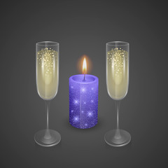 Champagne glasses and candle with a shiny coating, a set of illustrations for a romantic dinner, Glasses and candles in a realistic style