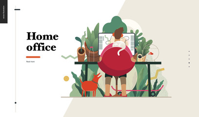 Fototapeta na wymiar Technology 2 -Home Office - modern flat vector concept digital illustration home office metaphor, a freelancer guy working at home with pets and plants. Creative landing web page design template