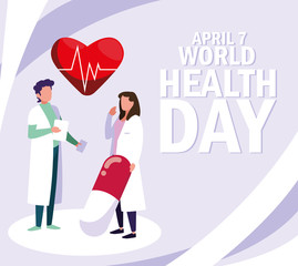 world health day with couple doctors and icons