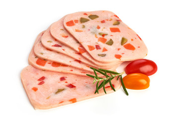 Cooked boiled ham sausage or bologna slices, close-up, isolated on white background