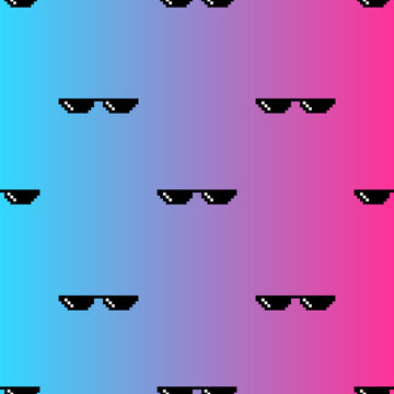 vector illustration pixel glasses seamless pattern on pink and blue background.