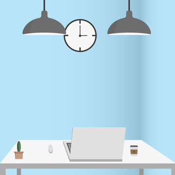 home office desk with laptop, cactus, cup of coffee. office table with equipment. interior vector illustration flat design.