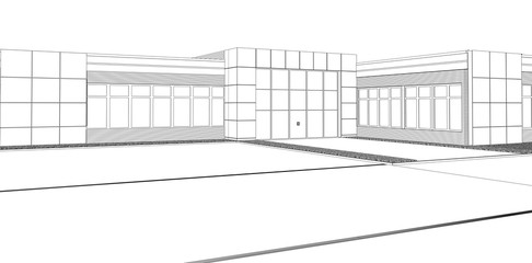 3d render exterior mall, contour visualization, 3D illustration, sketch, outline