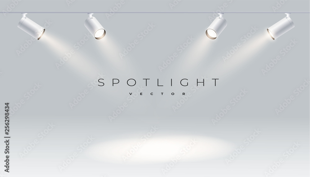 Wall mural four spotlights realistic with bright white light shining stage vector set. illuminated effect form 