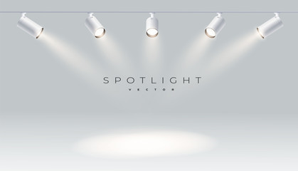 Five spotlights realistic with bright white light shining stage vector set. Illuminated effect form projector, projector for studio. Minimalistic lamp in grey color eps 10