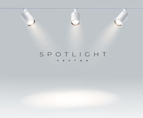 Free spotlights realistic with bright white light shining stage vector set. Illuminated effect form projector, projector for studio. Minimalistic lamp in grey color eps 10