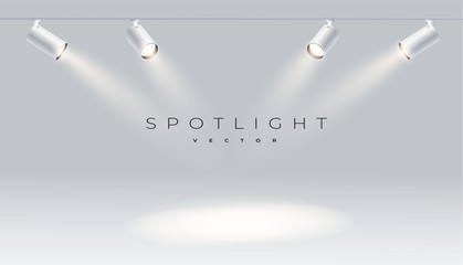 Four spotlights realistic with bright white light shining stage vector set. Illuminated effect form projector, projector for studio. Minimalistic lamp in grey color eps 10