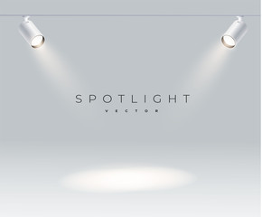 Two spotlights realistic with bright white light shining stage vector set. Illuminated effect form projector, projector for studio. Minimalistic lamp in grey color eps 10
