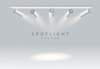 Five spotlights realistic on panel with bright white light shining stage vector set. Illuminated effect form projector, projector for studio. Minimalistic lamp in grey color eps 10