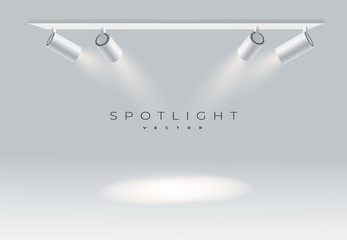 Four spotlights realistic on panel with bright white light shining stage vector set. Illuminated effect form projector, projector for studio. Minimalistic lamp in grey color eps 10
