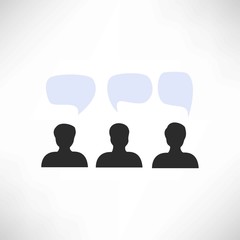 Three people with three thoughts on a white background