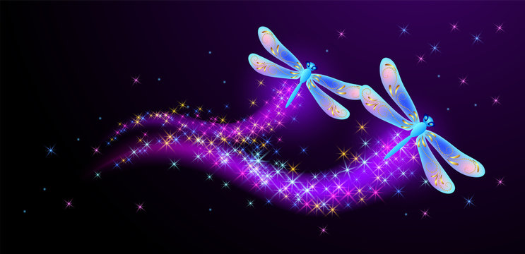 Flying dragonfly with sparkle and blazing trail