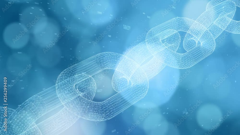 Poster artistic blue shiny blockchain chain motion on digital business cyberspace bokeh network background.