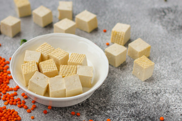 tofu (soy cheese) and a set of ingredients healthy food - superfood. copy space. food background. top