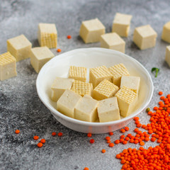 tofu (soy cheese) and a set of ingredients healthy food - superfood. copy space. food background. top