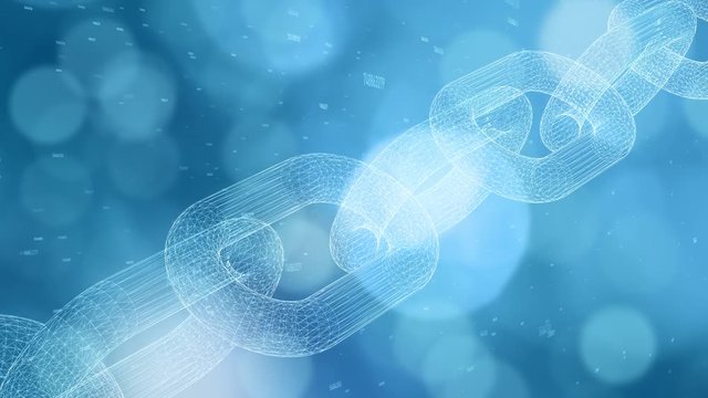 Artistic blue shiny blockchain chain motion on digital business cyberspace bokeh network background. 