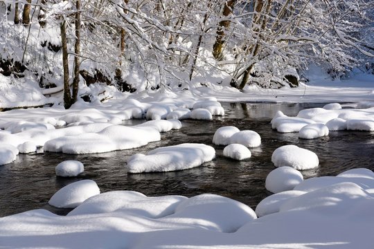 River in snowy landscape, Upper Argen, nature reserve Eistobel at Grunenbach, Allgau, Swabia, Bavaria, Germany, Europe