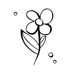 Cartoon style vector doodle illustration of black and white flower. Great design elements for sticker, card, print, poster. Unique and fun drawing isolated on background. Botany simple illustration