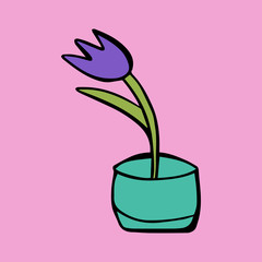 Cartoon style vector doodle illustration of purple house plant. Great design elements for sticker, card, print or poster. Unique and fun drawing isolated on pink  background