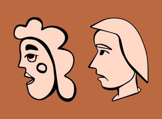 Cartoon style vector doodle illustration of two beige human face profiles. Great design elements for sticker, card, print or poster. Unique and fun drawing set isolated on brown background