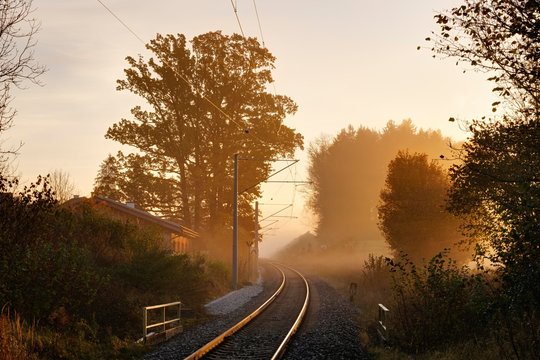 Railway tracks in the fog, sunrise, Tutzing, Funfseenland, Upper Bavaria, Bavaria, Germany, Europe