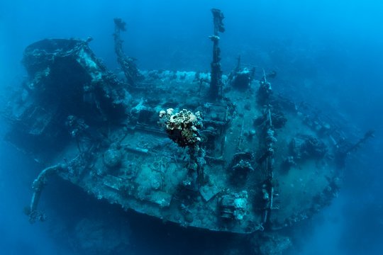 Stern of ship wreck, Russian wreck MS Khanka, former spy ship or communications ship, Zabargad Island, Red Sea, Egypt, Africa