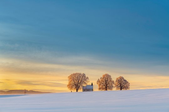Chapel 14 emergency helpers with old trees in snow-covered landscape at sunrise, Mindelheim, Unterallgau, Bavaria, Germany, Europe