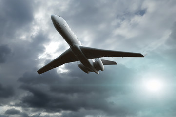 Jet in a dark stormy sky 3d render