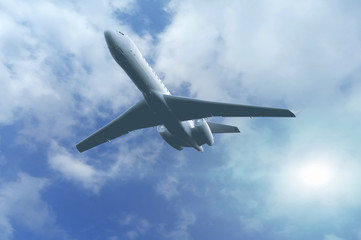 Fototapeta na wymiar Airplane at flying under sky with clouds 3d render