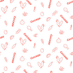Chicken farm vector seamless pattern print red icons texture.
