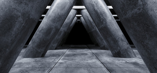 Sci Fi Concrete Grunge Alien Spaceship Tilted Triangle Shaped Huge Columns In Dark Tiled Hall Garage Underground Gallery Room Tunnel Corridor Realistic Background 3D Rendering