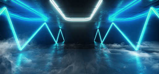 Naklejka premium Smoke Fog Reflective Room Neon Laser Glowing Blue White Led Lights Arrow Shape Reflecting On Concrete Sci Fi Futuristic Background Empty Hall Garage Alien Spaceship Tunnel 3D Rendering