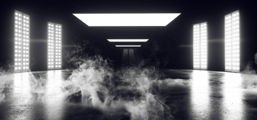 Smoke Fog Empty Neon Studio Vibrant Sci Fi Stage Dance Lights Glowing White Reflecting On Grunge Concrete Big White Glowing Lights Dark Hall Background 3D Rendering