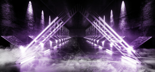 Smoke Fog Sci Fi Fluorescent Futuristic Modern Concrete Grunge Neon Retro Glowing Purple Blue Ultraviolet Triangle Construction Shaped Lights Lasers Hologram Tunnel Hall Garage Spaceship 3D Rendering