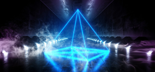 Smoke Fog Alien Sci Fi Futuristic Modern Neon Glowing Hologram Pyramid Stage Blue Construction Metal With Studio Lights And Lasers Path Glowing Lights Empty Grunge Concrete Gate Dark 3D Rendering