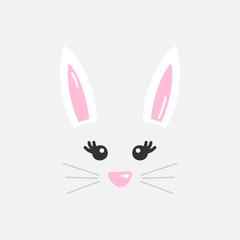 Cute easter bunny vector illustration, hand drawn face of bunny. Ears and tiny muzzle with whiskers. Isolated on grey background.