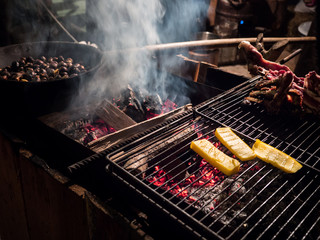 Grilled polenta and chestnuts in the pan.