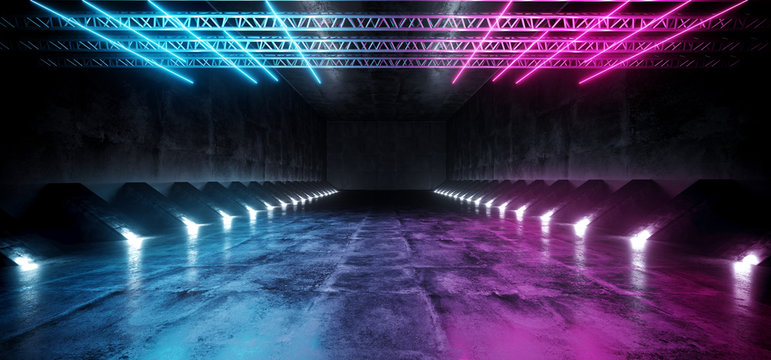 Neon Glowing Stage Purple Pink Blue Construction Metal With Studio Lights And Lasers Path Glowing Lights Empty Grunge Concrete Gate Dark 3D Rendering