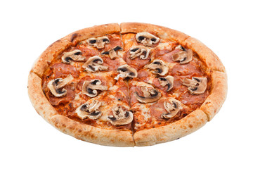 Delicious classic italian Pizza Carbonara with sausages, mushrooms and cheese
